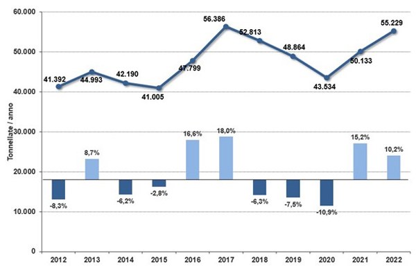 Traffico annuale cargo negli aeroporti dell’Emilia-Romagna (Anni 2012-2022) - Fonte: elaborazioni dati Assaeroporti