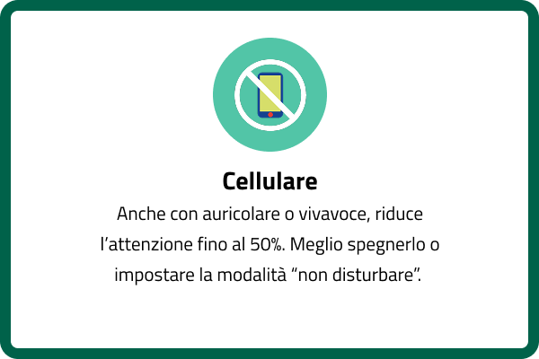 Cellulare: anche con auricolare o vivavoce, riduce l’attenzione fino al 50%. Meglio spegnerlo o impostare la modalità “non disturbare”.