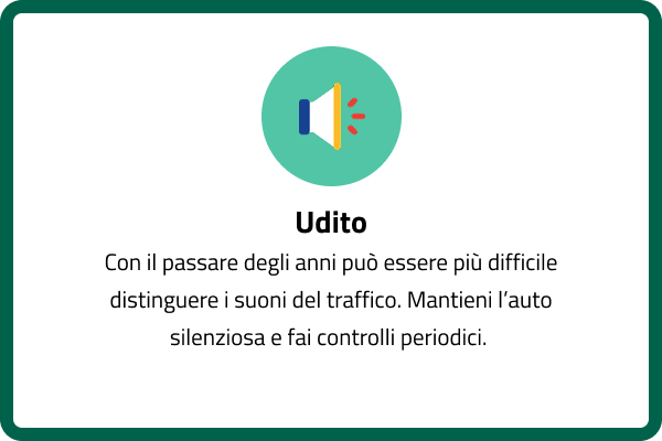Udito: con il passare degli anni può essere più difficile distinguere i suoni del traffico. Mantieni l’auto silenziosa e fai controlli periodici.