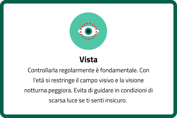 Vista: controllarla regolarmente è fondamentale. Con l’età si restringe il campo visivo e la visione notturna peggiora. Evita di guidare in condizioni di scarsa luce se ti senti insicuro.